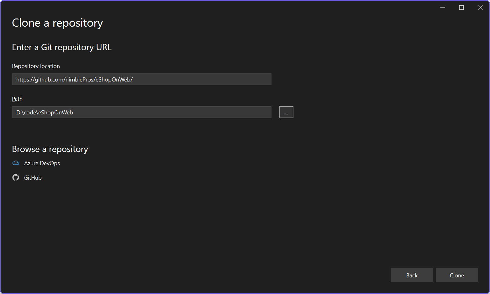 Visual Studio Clone Dialog with the NimblePros/eShopOnWeb clone URL