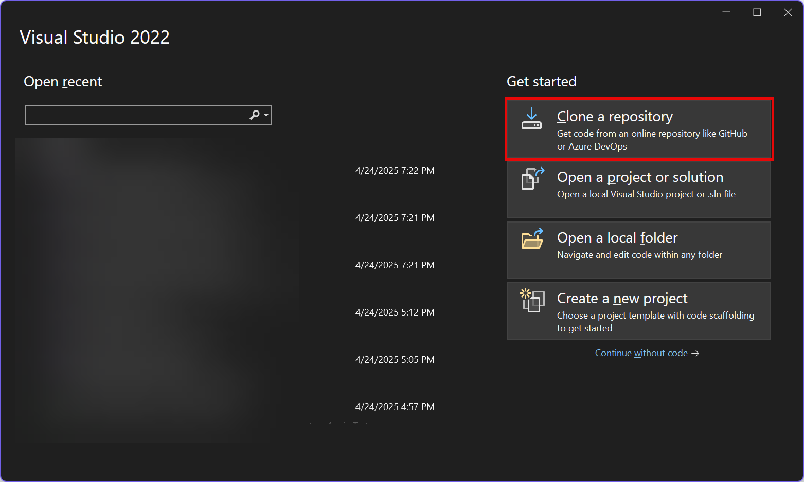 Visual Studio Loading Dialog - highlighting the Clone a repo option
