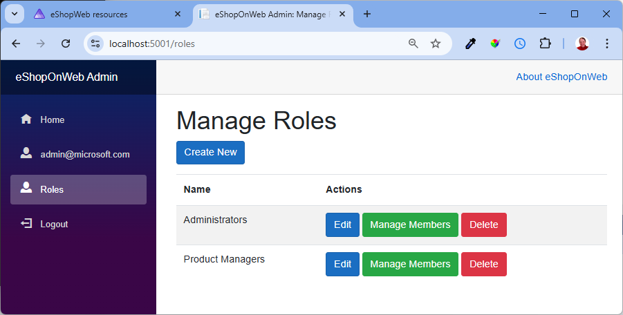 Role Management in eShopOnWeb's admin portal