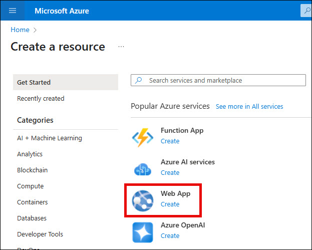 Azure marketplace of Azure services and apps. Web App is highlighted.