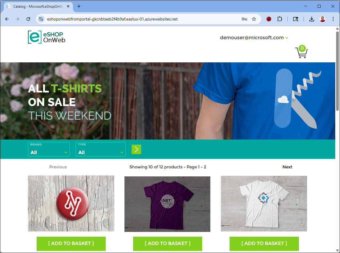 eShopOnWeb portal logged in as the demouser and shown running on the resource we created in this demo.