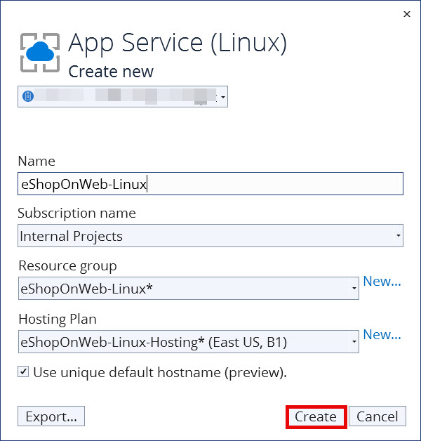 The App Service (Linux) dialog is displayed. The settings are for the subscription, app service name, resource group, and hosting plan.