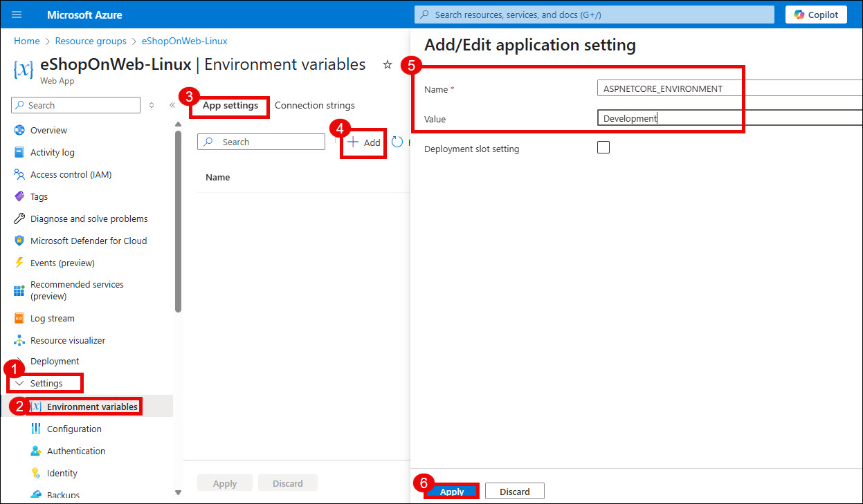 Add the ASPNETCORE_ENVIRONMENT variable in the Azure Portal.