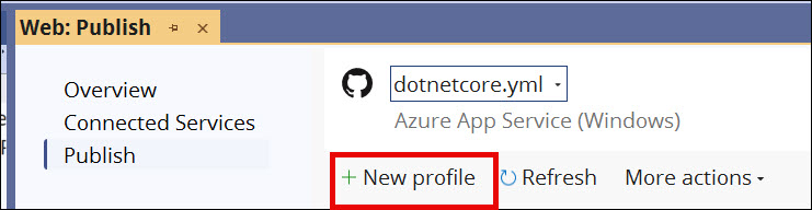 The Publish tab is open. The "+ New profile" button is highlighted.