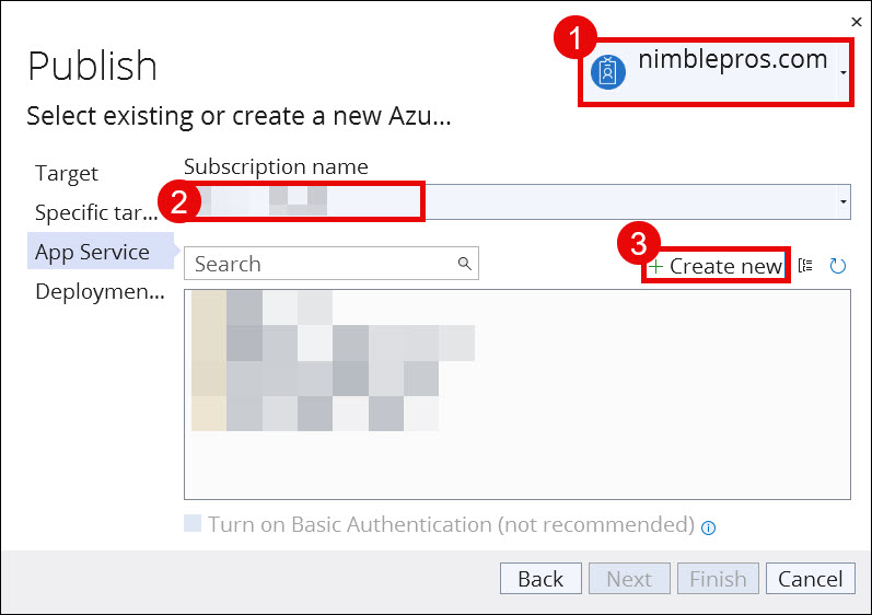 On the Publish dialog, confirm the Microsoft account and subscription. "+ Create new" is highlighted. 