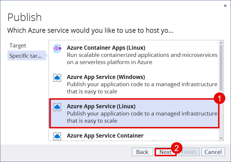 Publish dialog is displayed. This is the specific target step. Azure App Service (Linux) is the selected target. The Next button is highlighted.